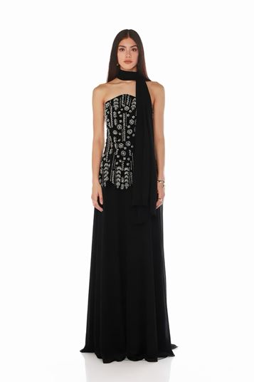 Black Strapless Chiffon Evening Dress